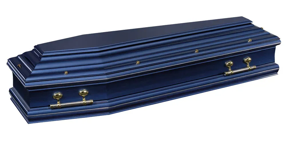 Cercueil funéraire bleu nuit brillant avec poignées dorées.