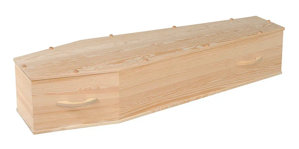 Cercueil sobre en bois naturel de pin clair avec poignées en bois assorties.