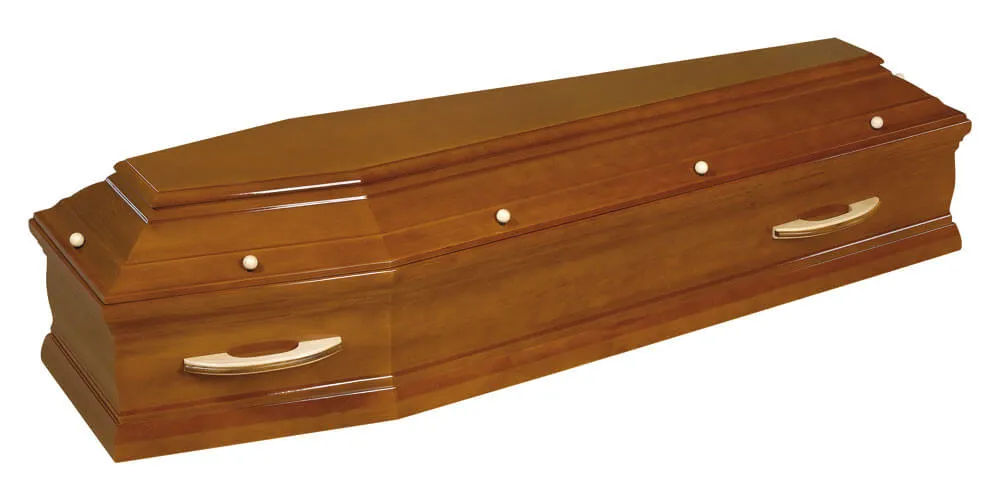 Cercueil en bois vernis teinté acajou aux lignes classiques et soignées.