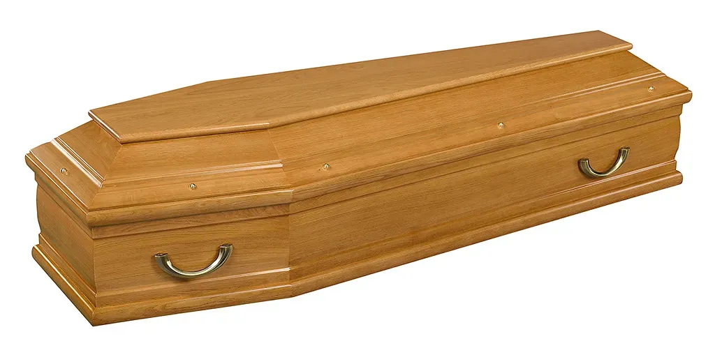 Cercueil en bois clair au design sobre et épuré avec poignées en métal.